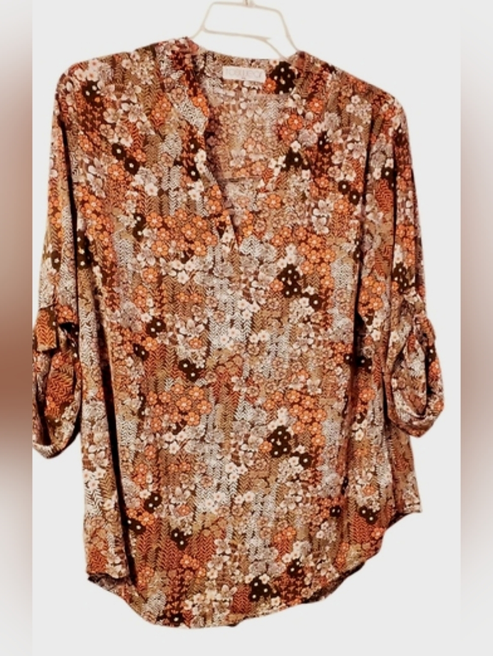 Roswear Brown Mandarin Collar Blouse 3/4 Sleeve Relaxed Fit Women’s XXL